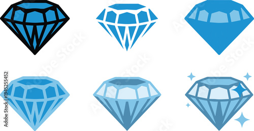 Stylized illustration of six diamond designs showing different shading styles, facets, sparkle effects, and artistic rendering, gemstone artwork for jewelry and luxury concepts