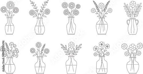 Minimalist Line Art Flower Vases Collection: Elegant Botanical Illustrations Set
