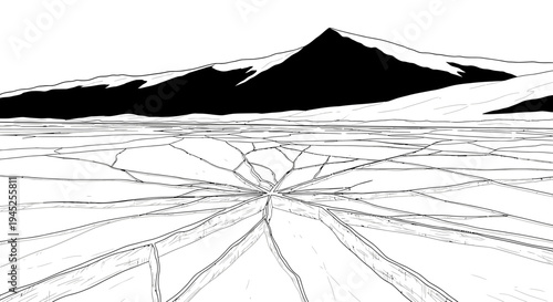 Cracked Ice Surface with Mountain Landscape in Background - Winter Scene