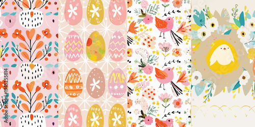Colorful spring patterns featuring birds flowers and easter eggs