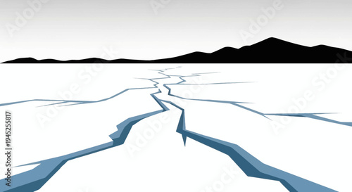 Cracked Ice Surface with Mountain Silhouette and Vast Sky
