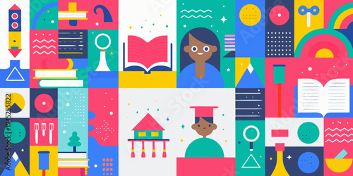 Colorful geometric collage featuring education people and abstract shapes