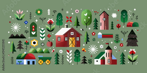 Whimsical illustration of a village nestled among stylized plants and trees