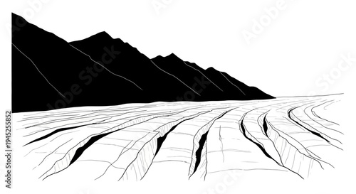 Crevassed Glacier Surface with Dark Mountains Silhouette