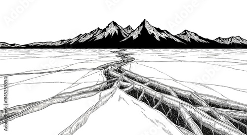 Cracked Ice Surface with Mountains in Background, Black and White Illustration