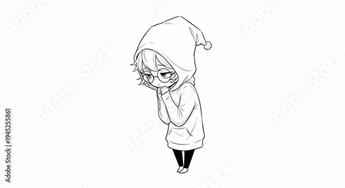 Cute Anime Girl in Hoodie with Glasses, Shy Pose, Black and White Sketch