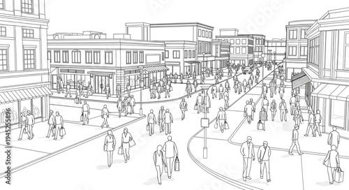 Sketch of a bustling city street with many people.