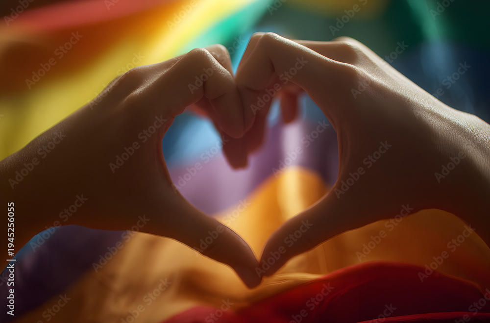 Fototapeta premium A heart sign is being made by hands in front of the rainbow flag.