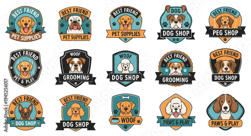 Collection of Dog Shop and Pet Supplies Logo Designs with Cute Dog Illustrations.