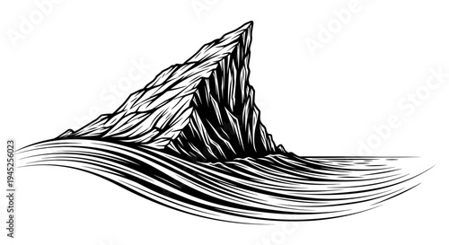 Dramatic Jagged Rock Formation Emerging from Stylized Wavy Water, Black and White Line Art