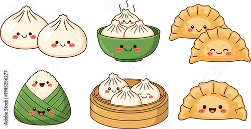 Cute Asian food character illustration set featuring dumplings, bao buns, gyoza, and rice wrap snacks with smiling faces, kawaii style, flat vector design for menus and branding