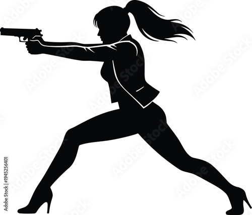 Black Silhouette of Female Secret Agent in High Heels Holding Handgun Shooting Pose Isolated on White Background for Action Movie Poster or Graphic Design