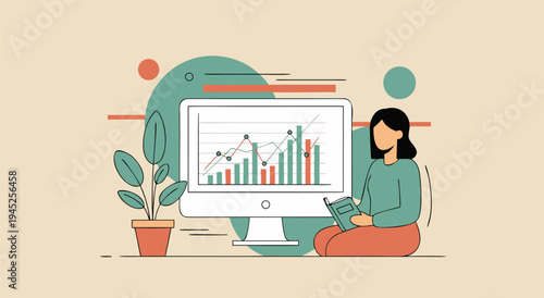 A Woman Sitting With A Book Next To A Computer Displaying A Growing Financial Chart, Digital Vector Illustration
