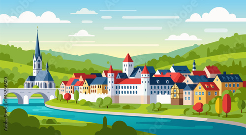 Charming European Town Vector Illustration Scenic River and Lush Hills with a Picturesque Village Landscape