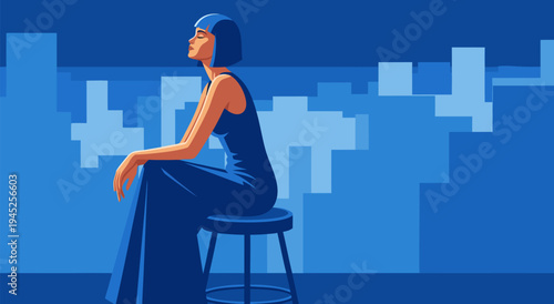 Stylized Vector Illustration of a Woman in a Blue Dress Sitting on a Stool with a Cityscape Background