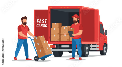 Express Delivery Service Vector Illustration Two Men Loading a Cargo Truck with Boxes for Fast Shipping