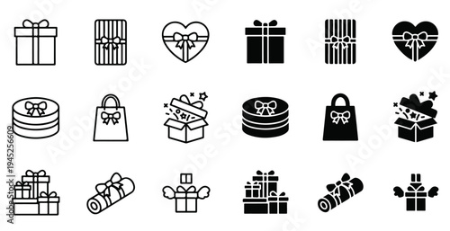 Set of gift box and present icons in solid black style isolated on white background