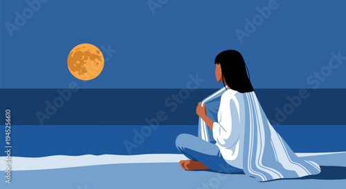 Peaceful Woman Sitting By The Ocean Under A Full Moon Vector Illustration