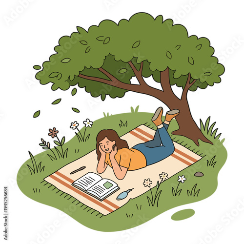 Woman reading book under tree on blanket in grassy field with flowers