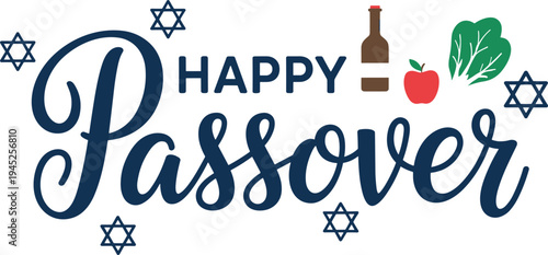 Happy passover greeting with blue text and jewish symbols holiday
