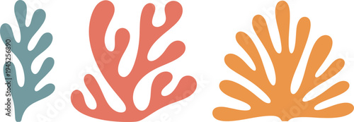 Abstract coral silhouettes collection in pastel colors isolated on white background, decorative ocean reef elements for marine design, summer theme vector illustration