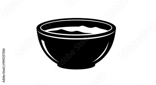 Black bowl filled with white creamy substance, isolated on white background, simple icon