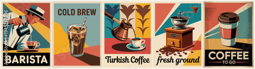 Barista pours coffee with care. Cold brew drinks stand tall and bold. Turkish coffee pours from a clay pot. Fresh ground coffee grinds on a wooden mill. To-go cup holds warm, ready coffee