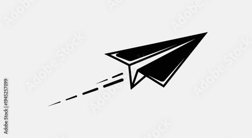Black paper airplane flying with motion blur, symbolizing travel, speed, and creativity