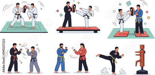 Martial arts students training in dojo practicing karate kicks punches and sparring with instructors in flat vector illustration set