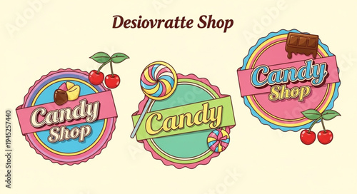Vintage Candy Shop Logos with Cherries and Lollipops.