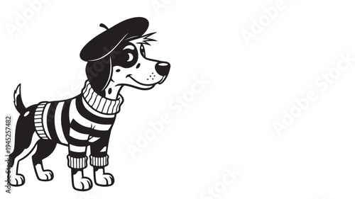 Vector illustration of a dog wearing a beret and striped sweater
