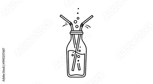 Two Straws in a Bottle of Drink with Bubbles, Line Art Icon
