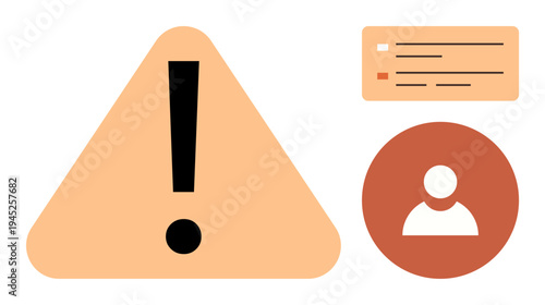 Notifications, user alerts, system messages, attention warnings, identity, user interaction. A large exclamation mark, user profile icon and information panel in a minimalistic design. Notifications