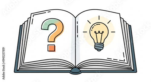 Open book with question mark and lightbulb on white background symbolizing ideas and inspiration