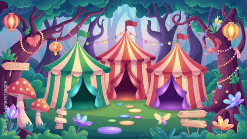 Whimsical forest scene with colorful striped tents lanterns mushrooms and butterflies in a magical woodland setting for fantasy or adventure themes