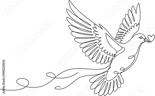 Elegant continuous line art drawing of flying dove bird carrying heart, symbol of love, peace, romance, wedding, freedom, and hope.