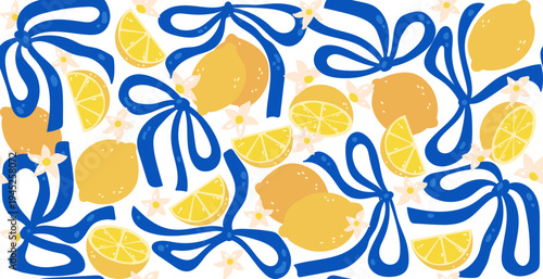 Cute summer floral coquette lemon seamless pattern Mediterranean style