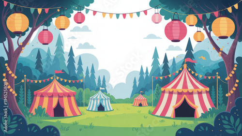 Colorful circus tents in a forest clearing with lanterns and bunting festive outdoor event setup