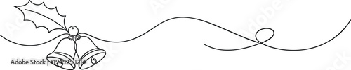 Elegant continuous line art drawing of two Christmas bells and holly leaf, minimalist holiday decoration for winter celebration and greeting.