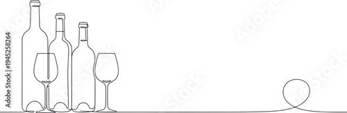 Elegant continuous line art drawing of three wine bottles and two glasses, minimalist illustration for restaurant, bar, party, and winery.