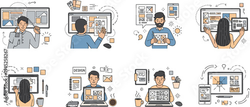 UI UX designers working on website wireframes and mobile application interface layouts in modern professional studio flat vector illustration set