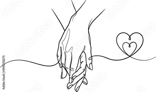 Elegant continuous line art drawing of two hands holding with hearts, minimalist symbol for love, romance, wedding, and human togetherness.