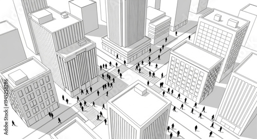 Aerial view of a bustling city street with many people walking.