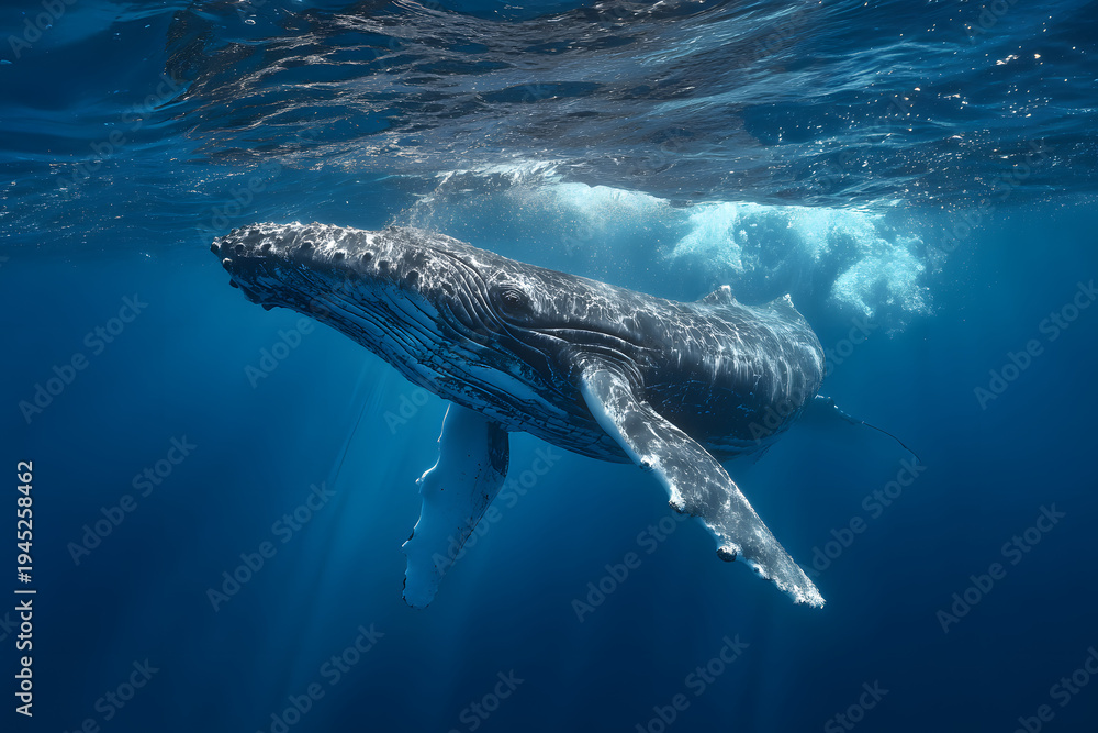 Fototapeta premium A baby Humpback Whale is playing near the surface in blue water