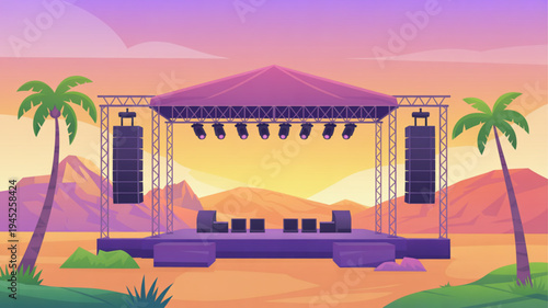 Outdoor music festival stage with palm trees and mountains at sunset concert setup with speakers and lights