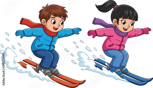 Cute cartoon boy and girl skiing downhill together in winter clothes, colorful children illustration for fun seasonal sports concept