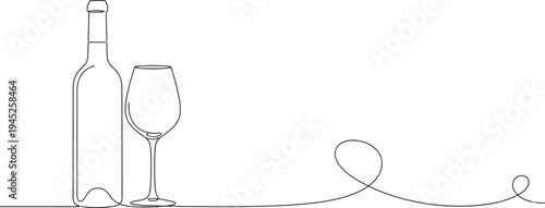 Elegant continuous line art drawing of wine bottle and wine glass, minimalist illustration for restaurant, bar, party, and winery decoration.