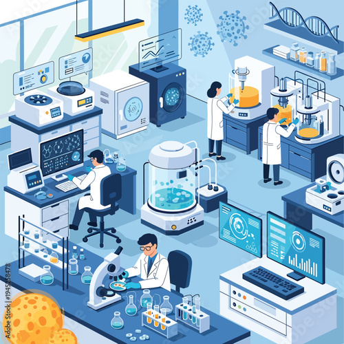 Scientists conduct experiments in a modern laboratory setting with various equipment and technology.