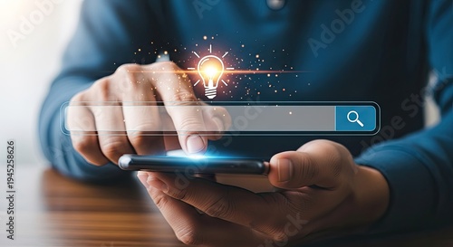 Person searching on a smartphone with a glowing search bar