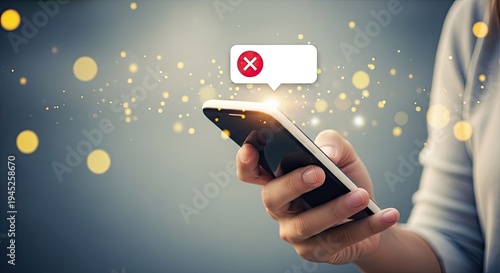 A person holding a smartphone with a blocked message symbol